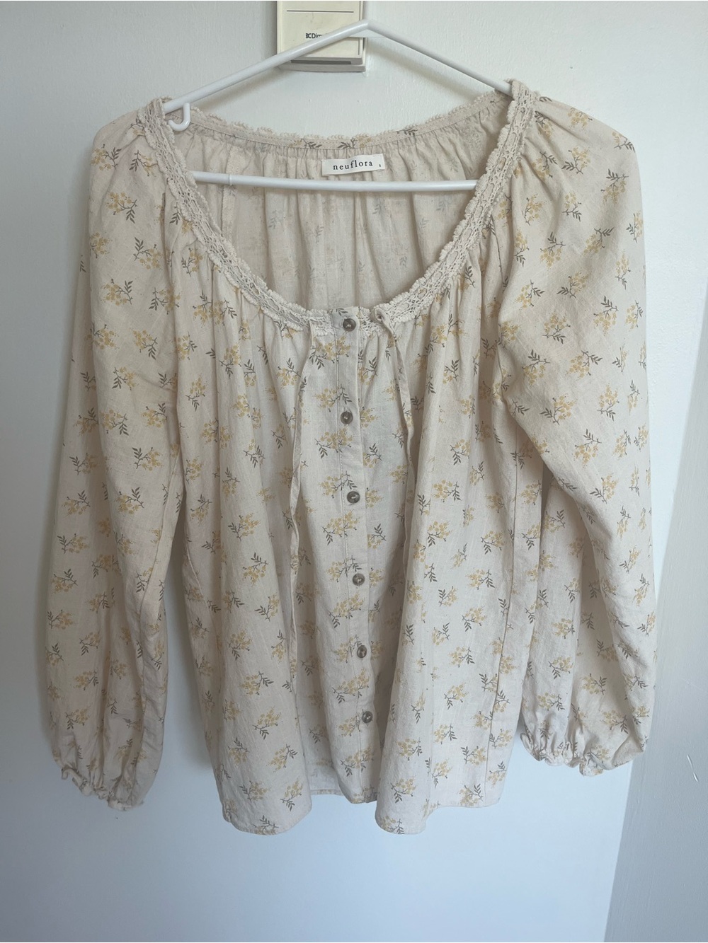 Neuflora Cream Floral Button-Front Peasant Blouse
